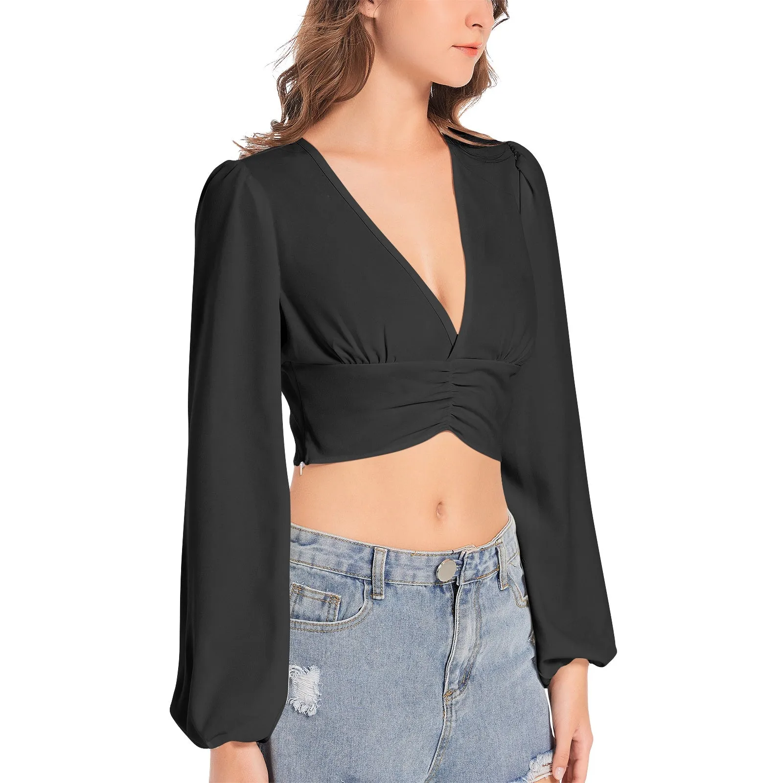 Black Women's Deep V-Neck Lantern Sleeve Crop Top