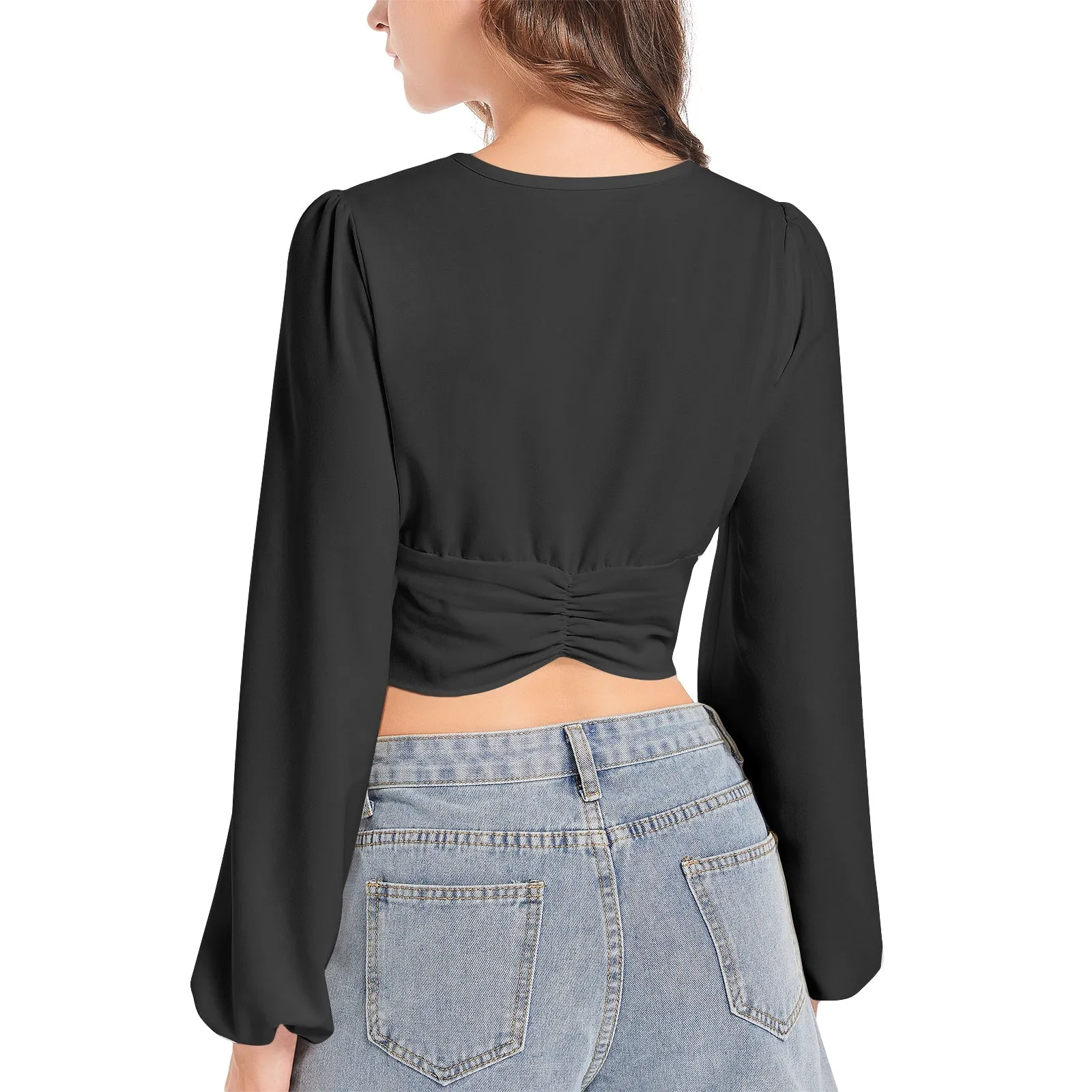 Black Women's Deep V-Neck Lantern Sleeve Crop Top