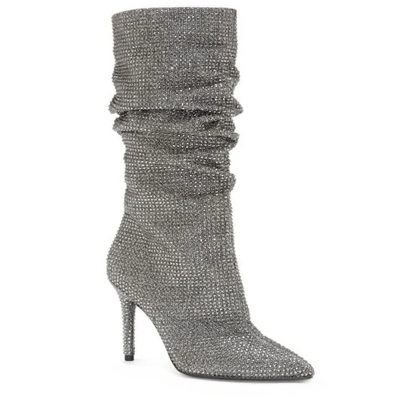 Full Silver Crystal Slouch Knee High Boots Glitter Bling Shiny Rhinestone Pleated High Heel Boots